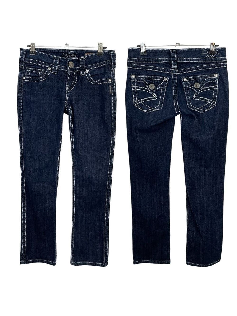 Silver Jeans McKenzie Straight Leg Womens 26/28 Dark Wash Blue Ankle Rhinestone